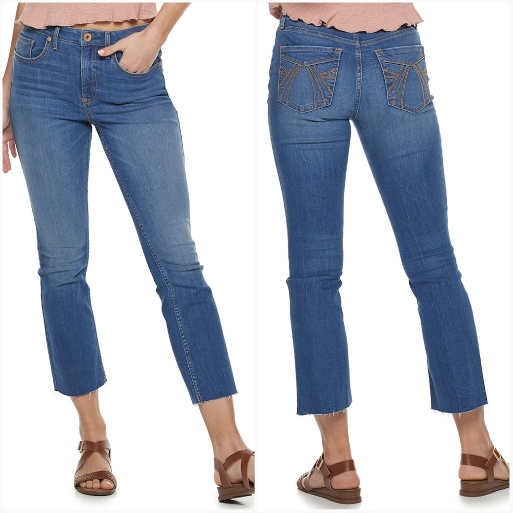 American Rag High Waist Kick Flare Stretch Raw Hem Denim Jeans Blue